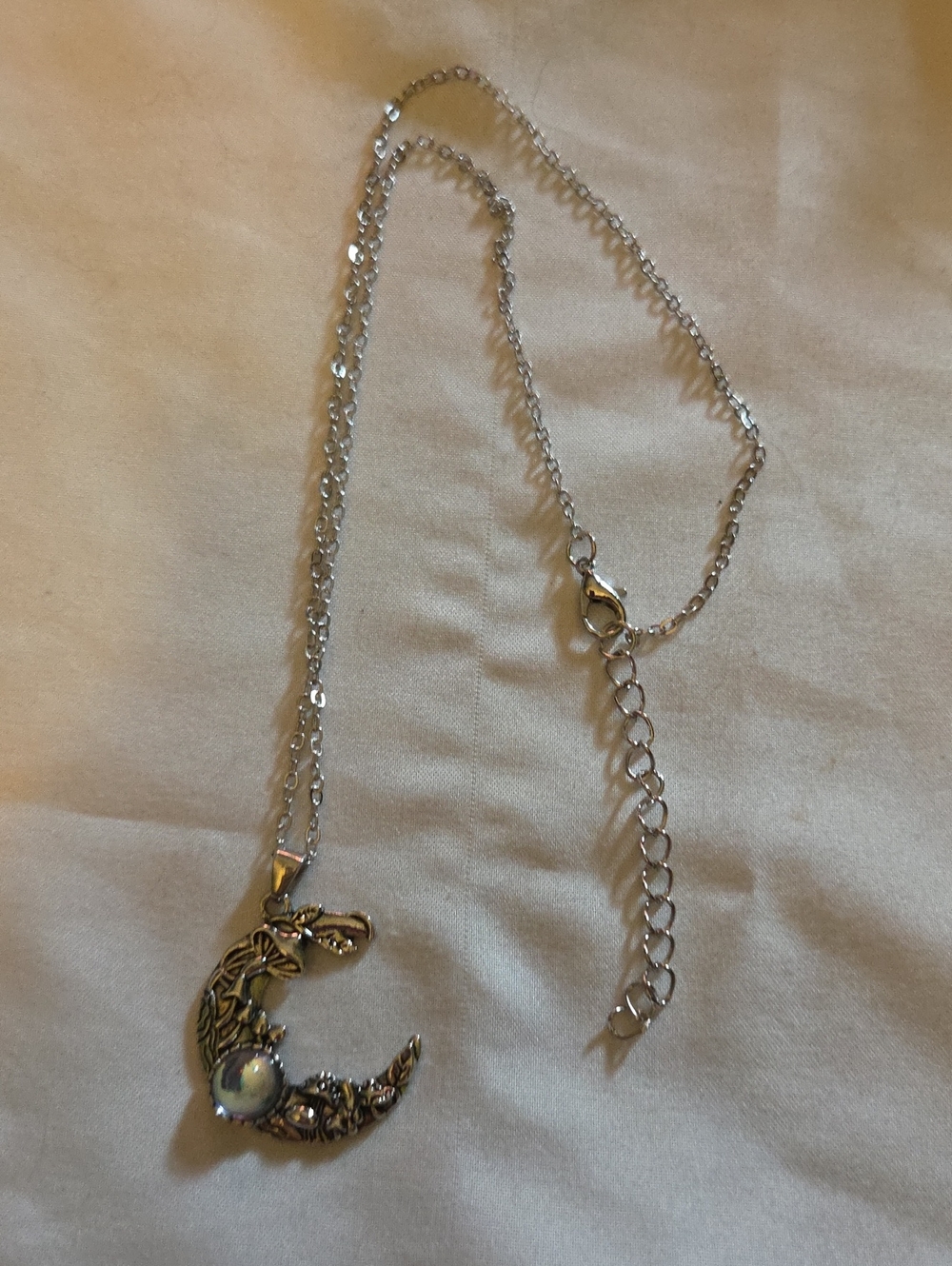 Silver Moon Pendant Necklace with Opal Accent